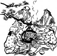 松の木の枝にぶら下げた鍋を、月代(さかやき)姿の4人で鍋を囲み、芋煮を楽しんでいる白黒のイラスト画像