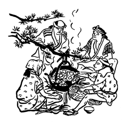 松の木の枝にぶら下げた鍋を、月代(さかやき)姿の4人で鍋を囲み、芋煮を楽しんでいる白黒のイラスト画像