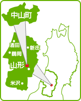 東北地方を白抜きした地図イラスト画像で、山形県内と山形県中山町を拡大・色付し、中山町の位置を分かりやすく示したイラスト地図