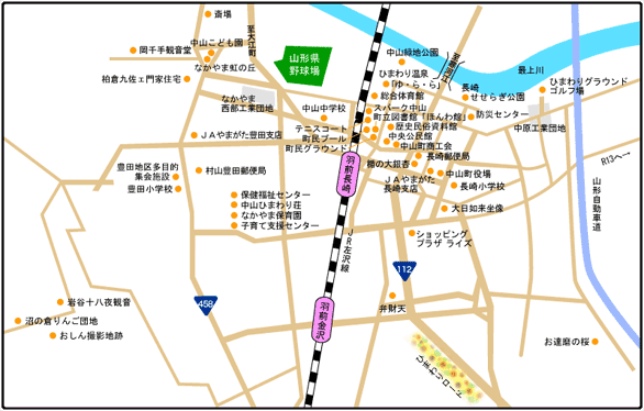 主な主要道路や駅と共に、中山町の施設を分かりやすく表した中山町地図