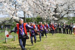 満開の桜並木を背景に、日の丸の扇子を持った青・紫・黒を貴重とした衣装のテデ衆が、両手を広げながら縦一列に舞を披露している様子の写真