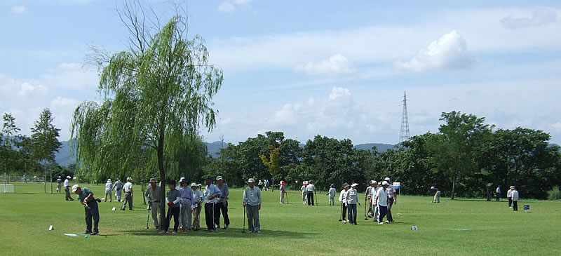 薄い雲が広がる青空の下、チームごとにグラウンドゴルフに興ずるたくさんの参加者達と柳の木の下で涼を取りながらプレーを見守る参加者が写るひまわりグラウンドゴルフ場の様子の写真