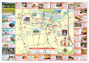 いろいろな店舗が周りに乗って中央に店舗の地図が載った中山町飲食店＆見どころマップの写真